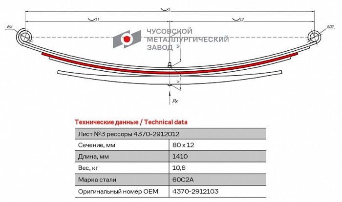 Задний рессорный лист №3 МАЗ 4370