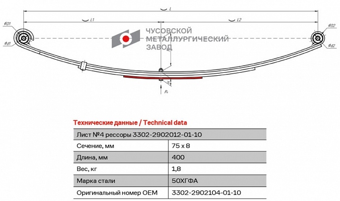 Передний рессорный лист №4 Газ 2705, 32213, 33021