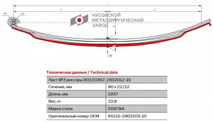 Передний рессорный лист №3 для автомобилей производства ПАО "Камаз" 65115