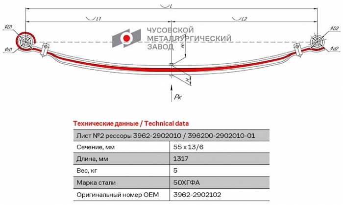 Передний подкоренной рессорный лист №2 УАЗ 452 (2206, 3962, 3303, 3909)