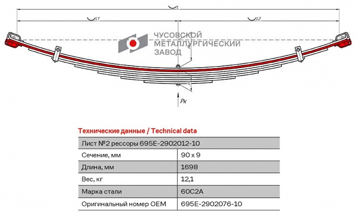 Передний подкоренной рессорный лист №2 ЛАЗ-695Е, М; ЛАЗ-697Е, М; 697Н, ЛиАЗ-677, Альтерна-4216, 6230